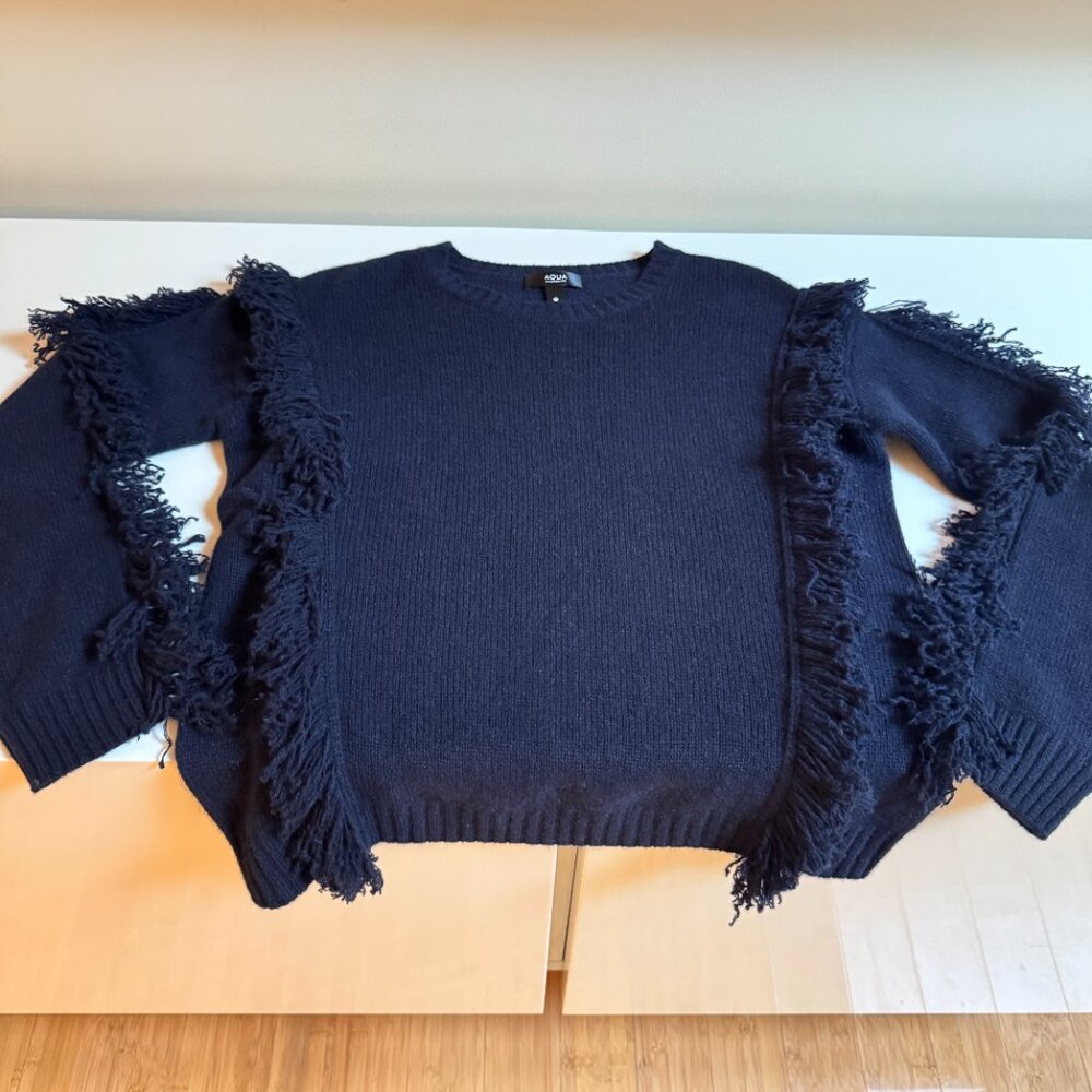 AQUA Cashmere Fringe Sweater – Navy – Size M - Picture 5 of 9